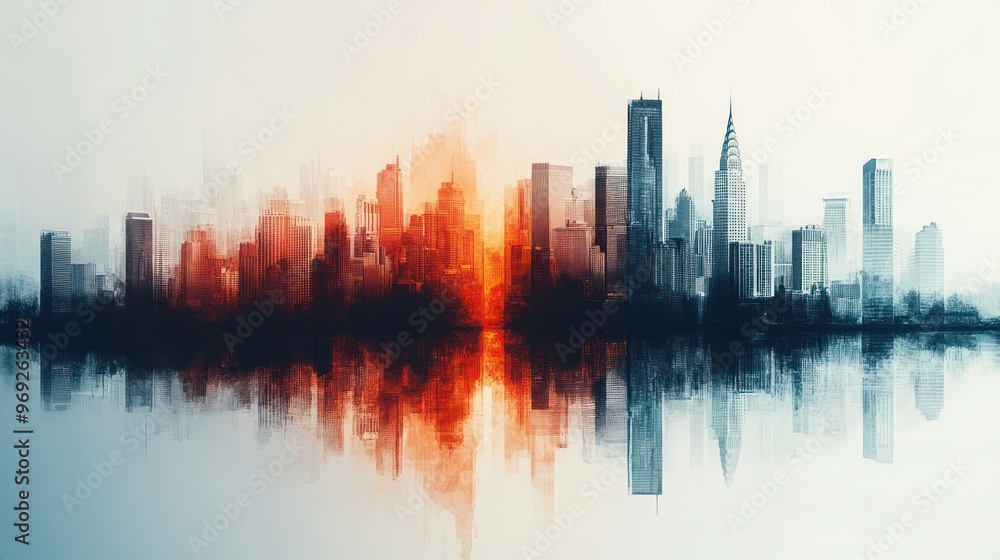 Fototapeta premium A mesmerizing cityscape at dusk, where vibrant colors meet the reflective waters in an emotional testament to urban life and contrast.