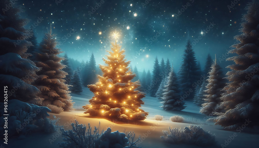 A beautifully lit Christmas tree adorned with snow sits in a serene winter landscape under a starry night sky. The tree is brightly illuminated from within radiating a warm glow A beautifully lit Christmas tree adorned with snow sits in a serene winter landscape under a starry night sky. The tree is brightly illuminated from within radiating a warm glow