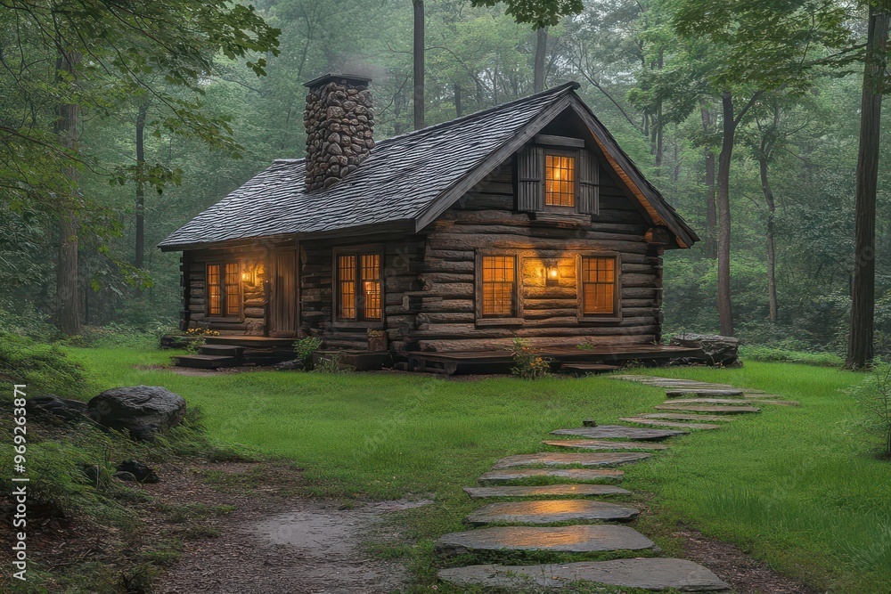 rustic log cabin lush forest clearing natural ambiance rustic log cabin lush forest clearing natural ambiance