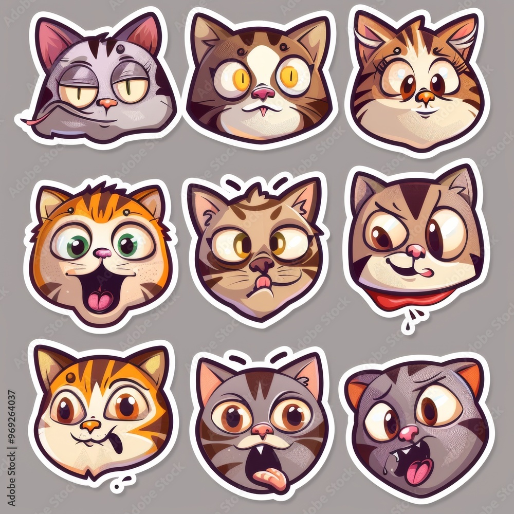 A sticker sheet showcasing cats with different facial expressions A sticker sheet showcasing cats with different facial expressions