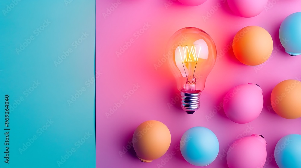 Unique glowing bulb among different colored bulbs in plain background, Innovation, Idea generation Unique glowing bulb among different colored bulbs in plain background, Innovation, Idea generation