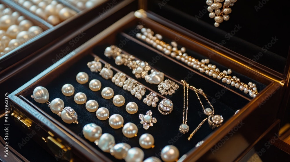 An open jewelry box revealing an assortment of pearl earrings, necklaces, and rings against a velvet interior. An open jewelry box revealing an assortment of pearl earrings, necklaces, and rings against a velvet interior.