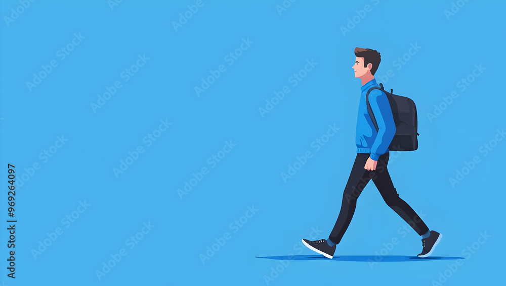 A young man walking confidently with a backpack against a solid blue background, symbolizing adventure and freedom. A young man walking confidently with a backpack against a solid blue background, symbolizing adventure and freedom.