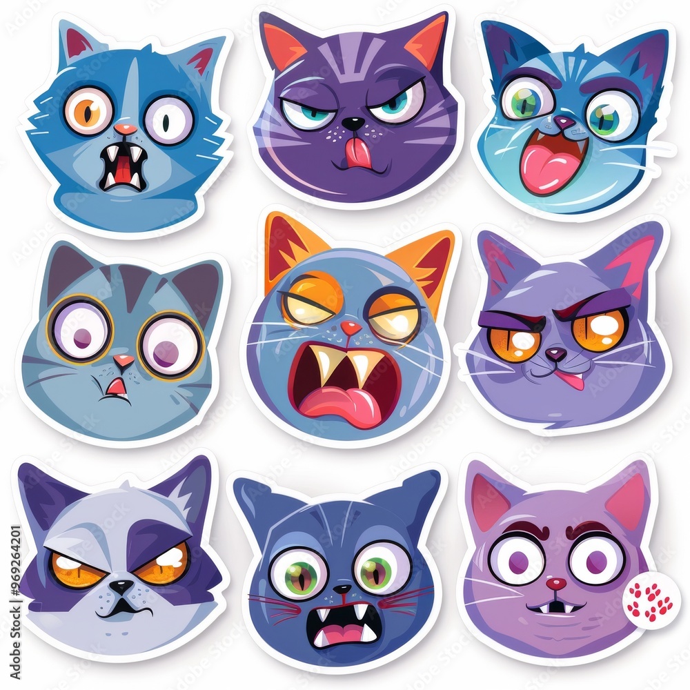 A sticker sheet showcasing cats with different facial expressions A sticker sheet showcasing cats with different facial expressions