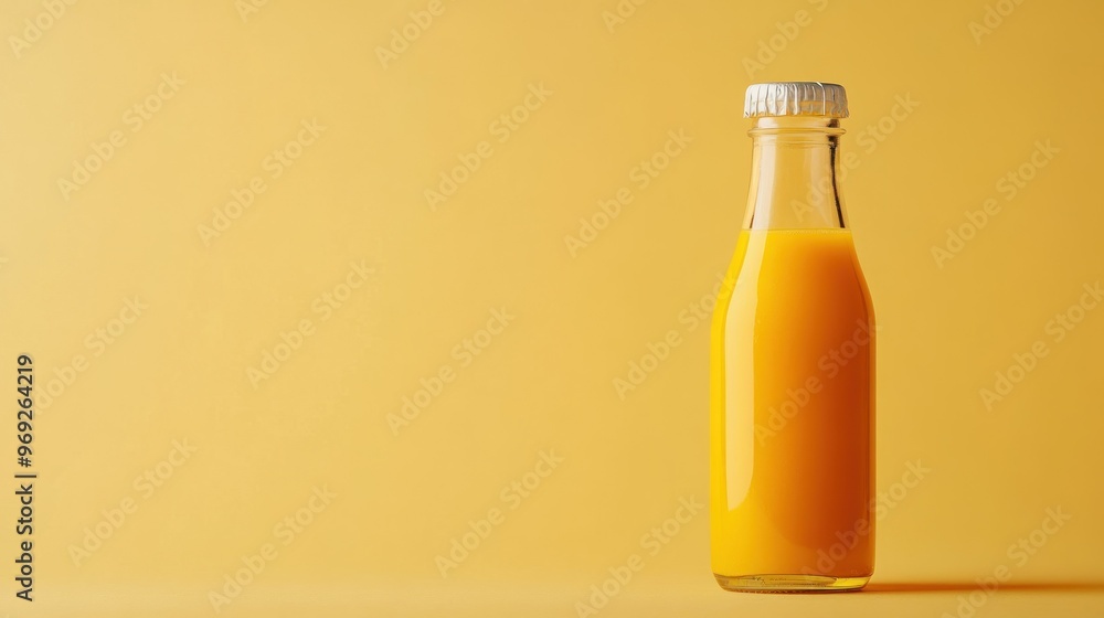 A clear glass bottle filled with orange juice against a bright yellow background. A clear glass bottle filled with orange juice against a bright yellow background.