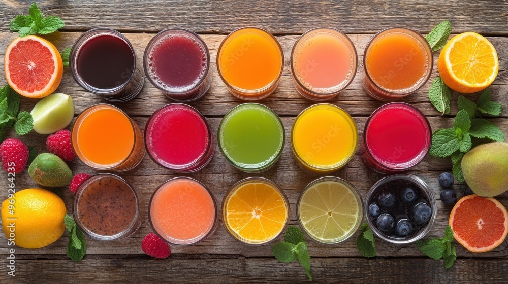 A colorful array of fruit juices displayed in glasses on a wooden surface. A colorful array of fruit juices displayed in glasses on a wooden surface.