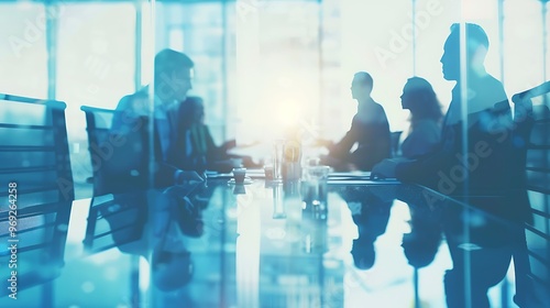 Team in Meeting Conference Room with Blue Overlay and Blank Space, Business Theme, Portrait Shot, Collaboration, Strategy