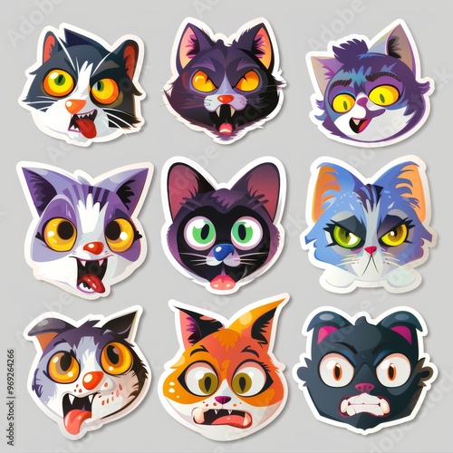 A sticker sheet showcasing cats with different facial expressions