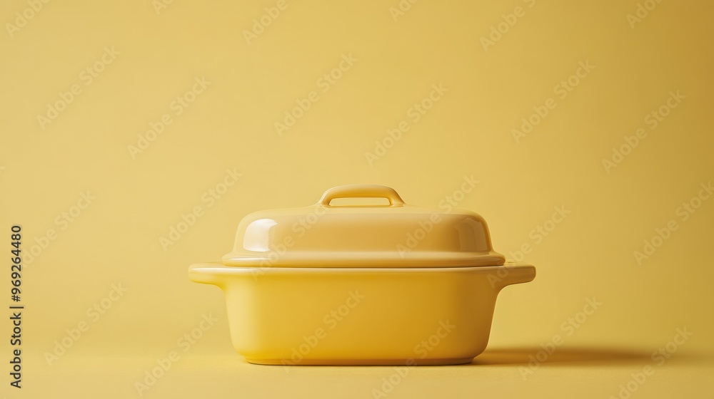 A yellow ceramic dish with a lid, set against a matching yellow background. A yellow ceramic dish with a lid, set against a matching yellow background.
