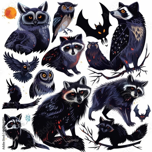A sticker sheet featuring nocturnal animals like owls, bats, raccoons, and wolves