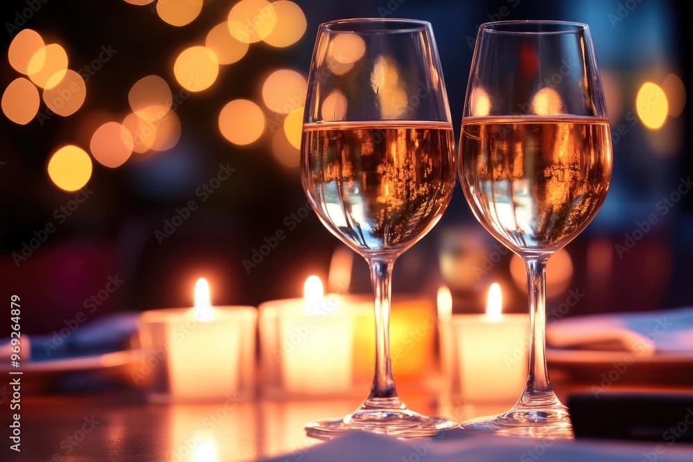 A pair of wine glasses and candles set for a romantic dinner A pair of wine glasses and candles set for a romantic dinner