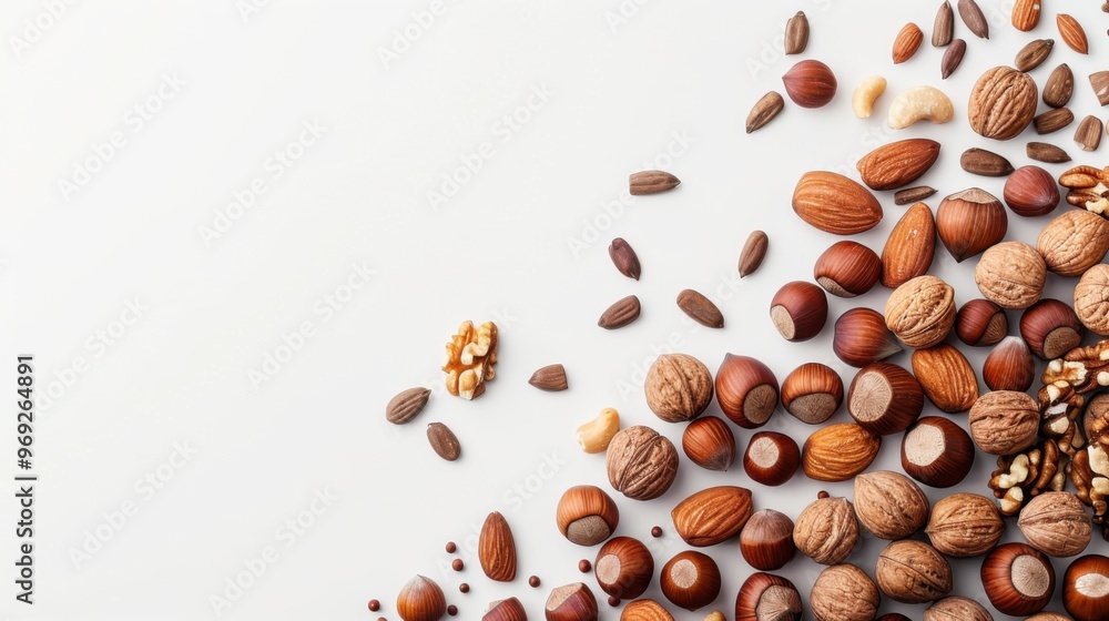Creative layout made of hazelnut nuts almonds walnut peanut pecan sunflower seeds Flat lay with copy space Fresh food concept Nuts isolated on white background Creative layout made of hazelnut nuts almonds walnut peanut pecan sunflower seeds Flat lay with copy space Fresh food concept Nuts isolated on white background