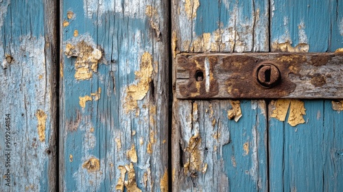 Close-up of a weathered blue wooden door with peeling paint and a rusty lock.