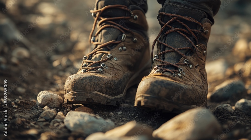 A close-up of worn hiking boots on a rocky trail, highlighting outdoor adventure. A close-up of worn hiking boots on a rocky trail, highlighting outdoor adventure.