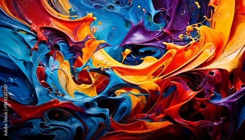 An energetic display of vibrant colors splashing and swirling together in an abstract form. The dynamic movement and bold hues create a visually striking composition, ideal for modern art and design