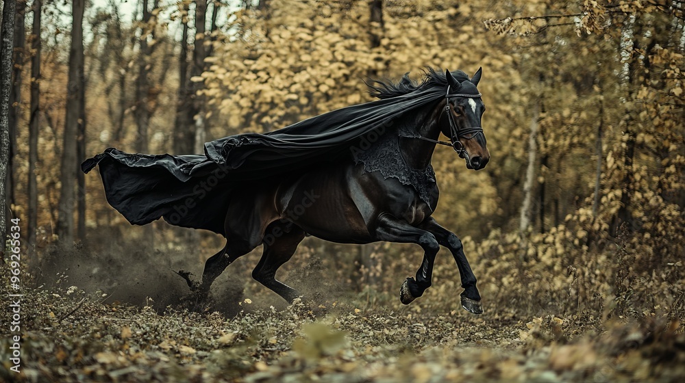 Fototapeta premium A majestic horse in a flowing cape gallops through autumn woods.
