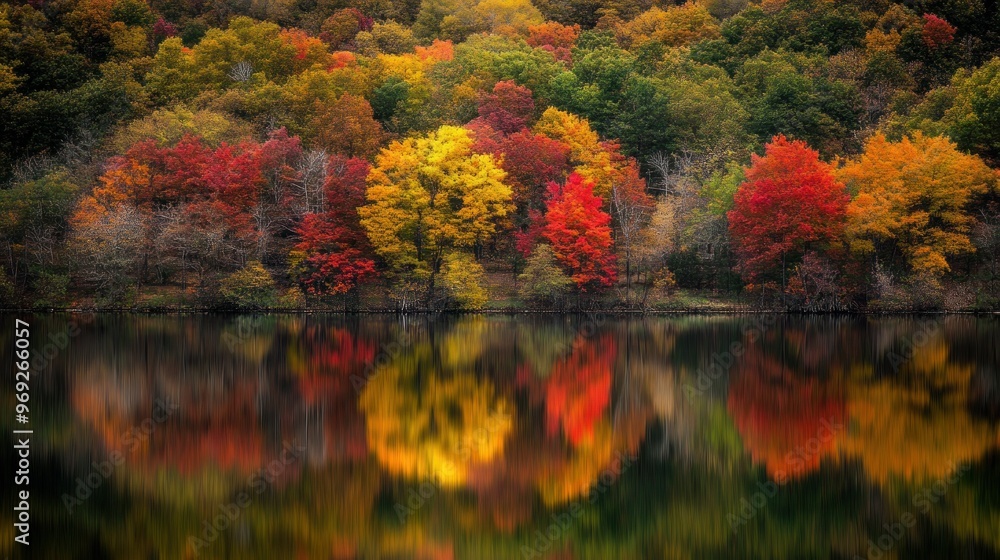 Fototapeta premium A serene autumn landscape reflecting vibrant foliage on calm water.