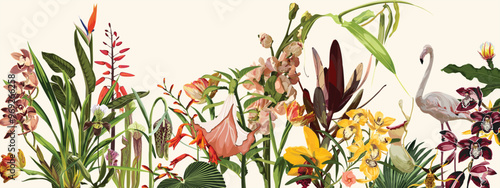 Tropical botanical landscape, palm tree, banana tree, flowers and birds, plant floral  border background. Exotic green jungle wallpaper.