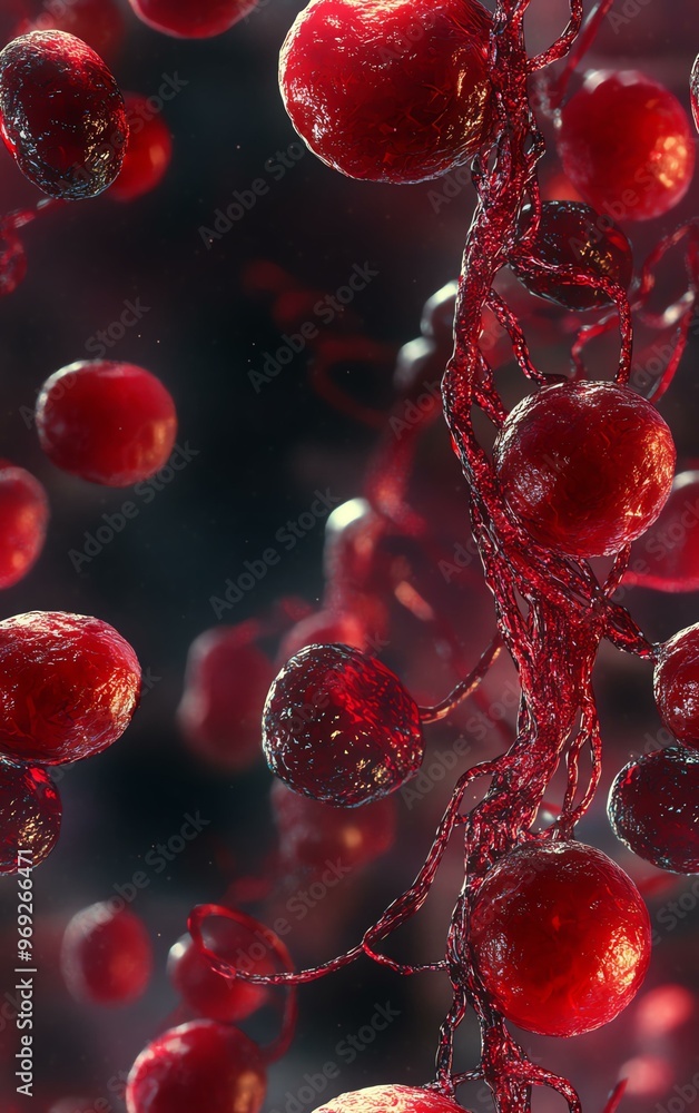 Close-up of red blood cells and veins, highlighting the intricate details of the circulatory system in a high-resolution medical illustration. Close-up of red blood cells and veins, highlighting the intricate details of the circulatory system in a high-resolution medical illustration.