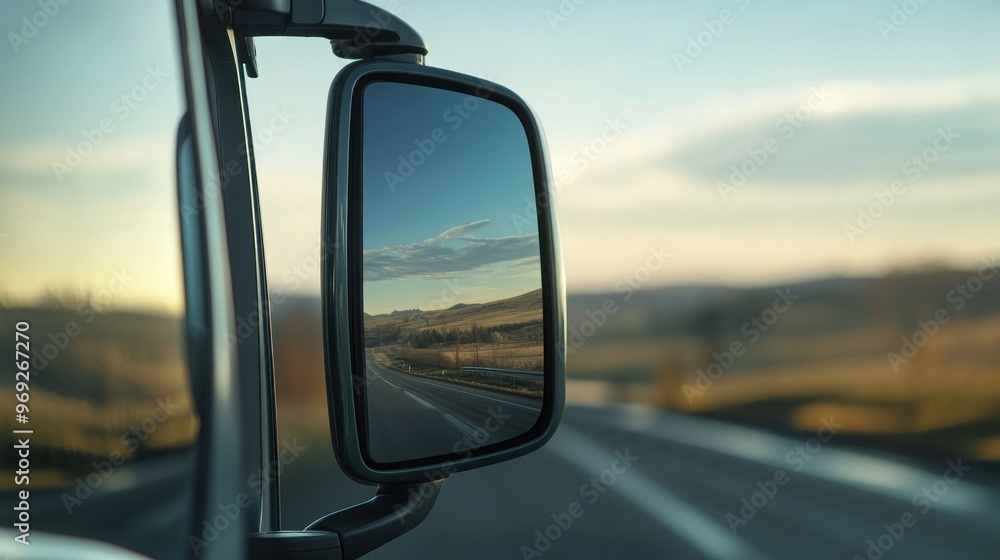 A truck's side mirror reflecting a scenic road and landscape during sunset. A truck's side mirror reflecting a scenic road and landscape during sunset.