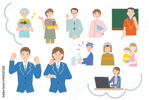 将来の夢・希望の職業を考える制服姿の学生といろんな職業の人物のイラストセット