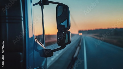 A truck's side mirror reflects a sunset along an empty highway.