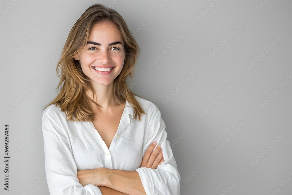 Woman Model Smiling Casual Outfit, Plain Gray Background, Portrait Shot, Full Body Shot, Casual Style Woman Model Smiling Casual Outfit, Plain Gray Background, Portrait Shot, Full Body Shot, Casual Style