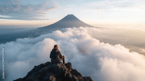 A lone traveler in a beanie and backpack sits on a rocky ledge, gazing at an enormous mountain peak that rises above the clouds, creating a dreamy and serene landscape. photo