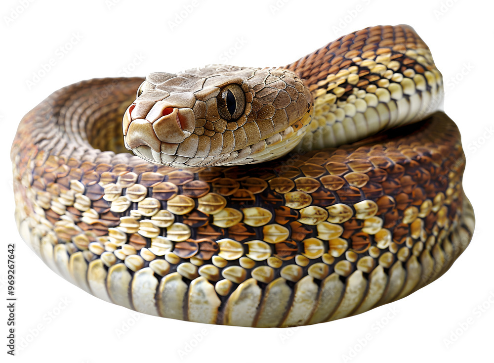 Fototapeta premium A snake is curled up on a white background
