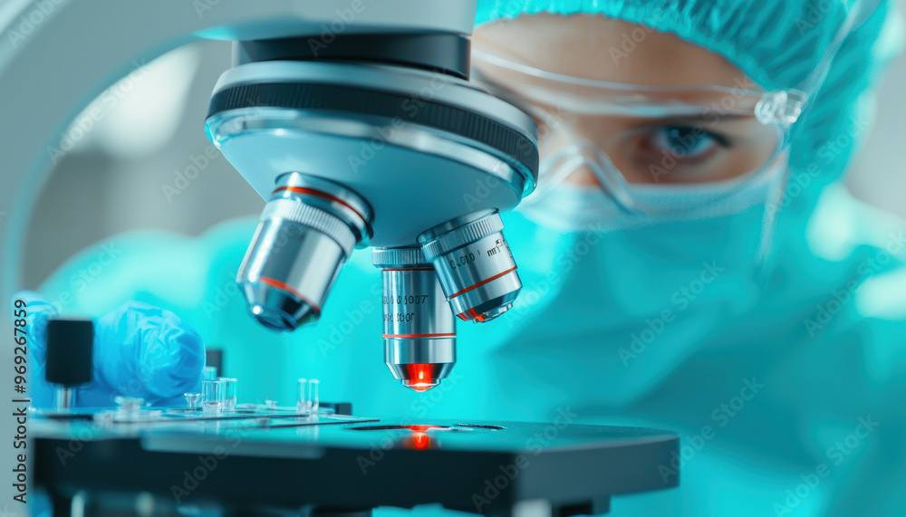 Technician using a digital microscope to check for imperfections in a manufactured product, highresolution inspection, techenhanced QC Technician using a digital microscope to check for imperfections in a manufactured product, highresolution inspection, techenhanced QC