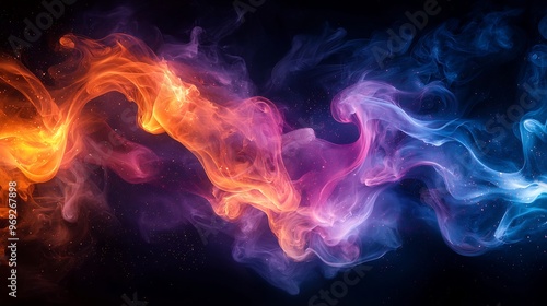 Semiabstract representation of chemical reactions with swirling neon elements merging and separating symbolizing the energy and transformation in chemistry photo