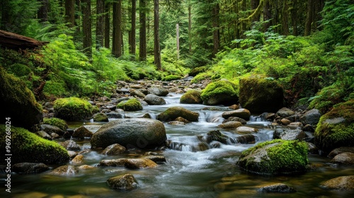 A serene forest scene with a flowing stream and moss-covered rocks amidst lush greenery.