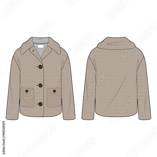 Fur textured jacket sketch. 
Short coat with oversize collar. long sleeve outerwear with four buttons and patch pockets.