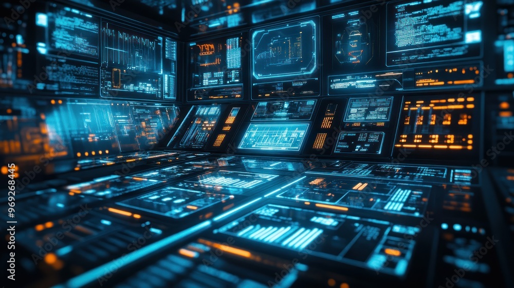 Obraz premium Futuristic control room with glowing screens and data displays.