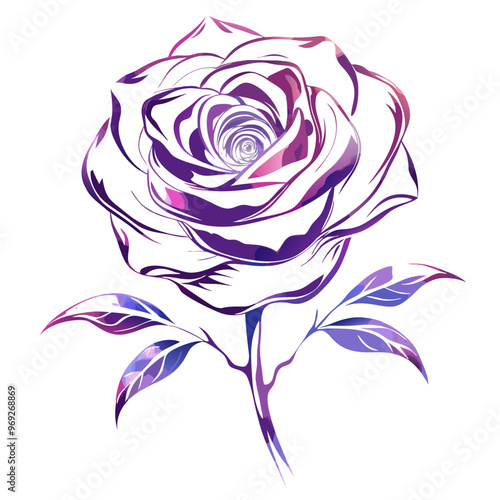 Stylized illustration of a vibrant purple rose with elegantly swirling petals and green leaves against a white background.