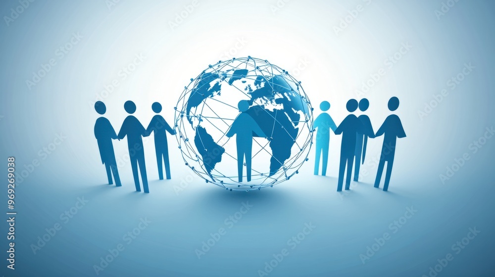 A group of people icons connected by a globe, representing global teamwork, international cooperation, or worldwide communication. A group of people icons connected by a globe, representing global teamwork, international cooperation, or worldwide communication.