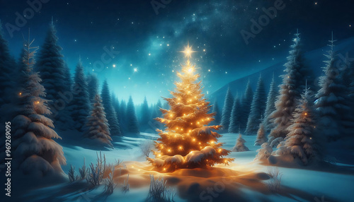 A beautifully lit Christmas tree adorned with snow sits in a serene winter landscape under a starry night sky. The tree is brightly illuminated from within radiating a warm glow