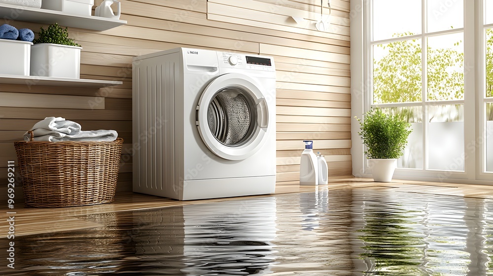 A distressed laundry room with water pooling beneath a broken washing machine, highlighting the need for insurance claims and home protection solutions A distressed laundry room with water pooling beneath a broken washing machine, highlighting the need for insurance claims and home protection solutions