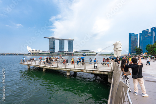 View of Marina Bay Sands in Singapore. City landscape at day blue sky. Travel concept