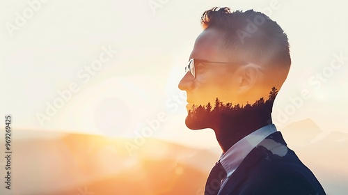 Triple exposure portrait of businessman and mountain landscape at sunset, Businessman, Mountain view