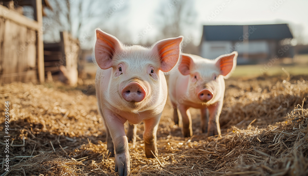 Pigs walking freely in a fenced pasture on a farm. Spacious pens and farm buildings can be seen in the background. Pigs walking freely in a fenced pasture on a farm. Spacious pens and farm buildings can be seen in the background.
