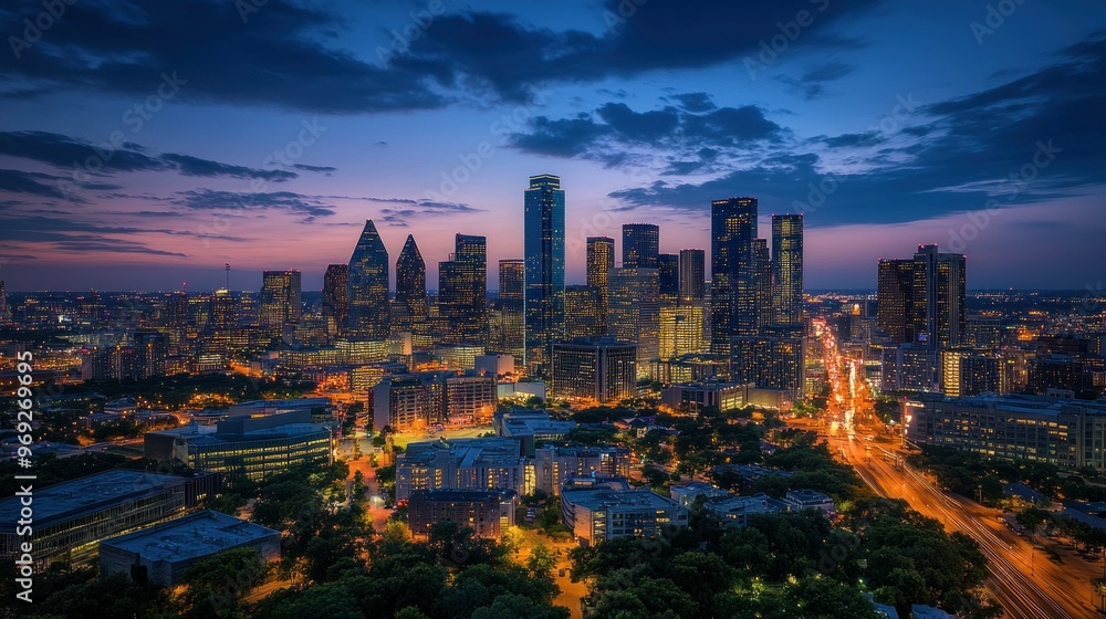 Fototapeta premium A vibrant city skyline at dusk, showcasing urban architecture and illuminated streets.