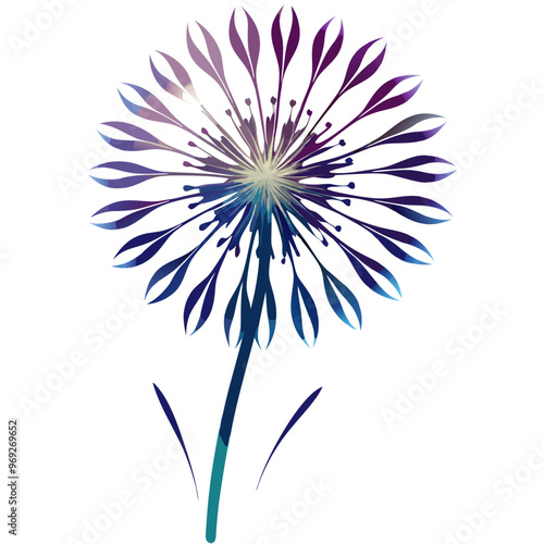 Stylized flower with vibrant purple and blue petals radiating from a central point, set against a white background.