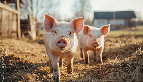 Pigs walking freely in a fenced pasture on a farm. Spacious pens and farm buildings can be seen in the background.