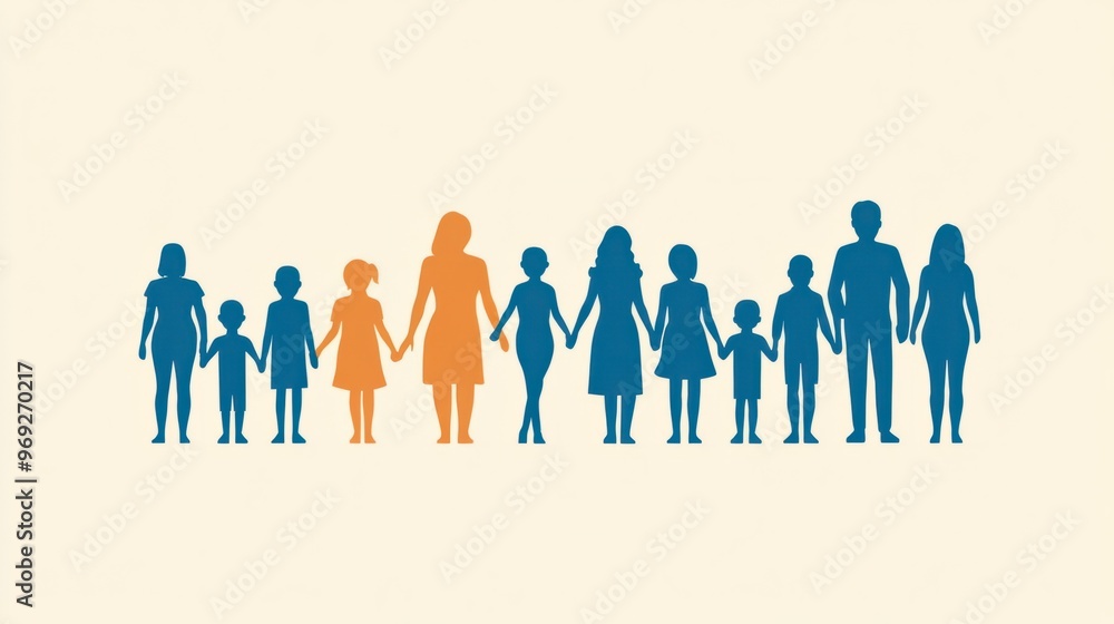 A group of people icons in different sizes, representing a multigenerational family or community. A group of people icons in different sizes, representing a multigenerational family or community.