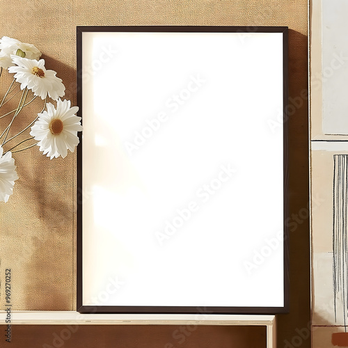 black frame mockup with daisy in the wabi-sabi style minimalist interior design, soft color palette 