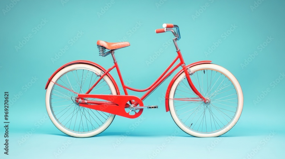 Fototapeta premium A vintage-style red bicycle with white tires against a blue background.