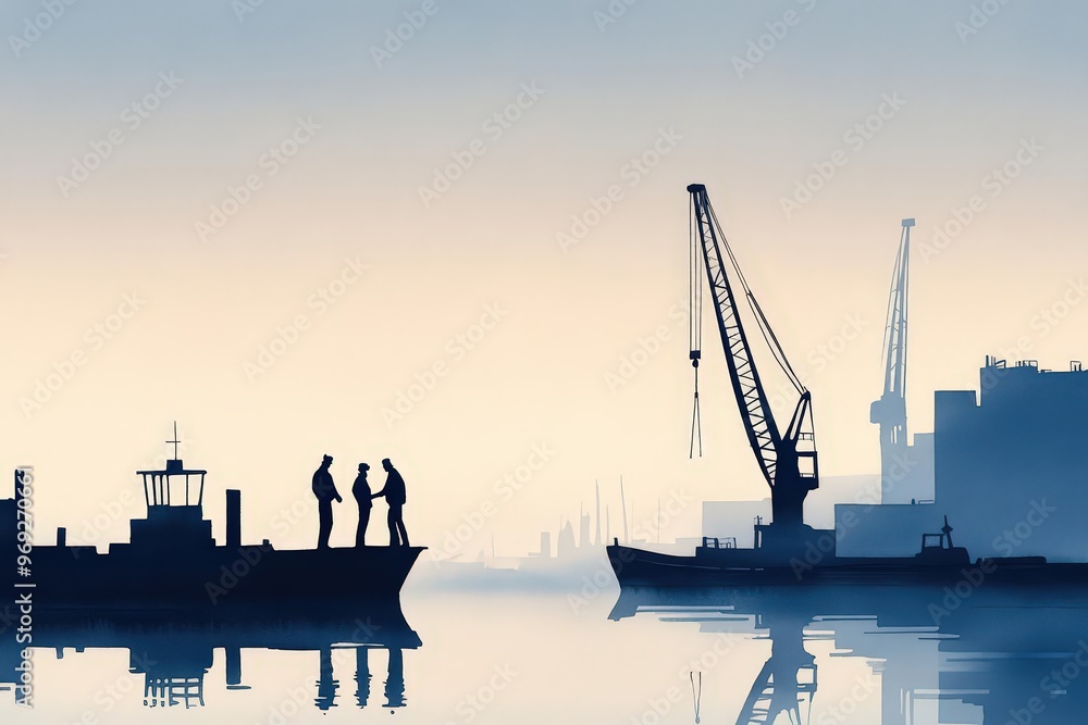 Fototapeta premium A peaceful watercolor harbor scene, with dockworkers and cranes silhouetted against the soft glow of early morning light, water reflecting calm tones