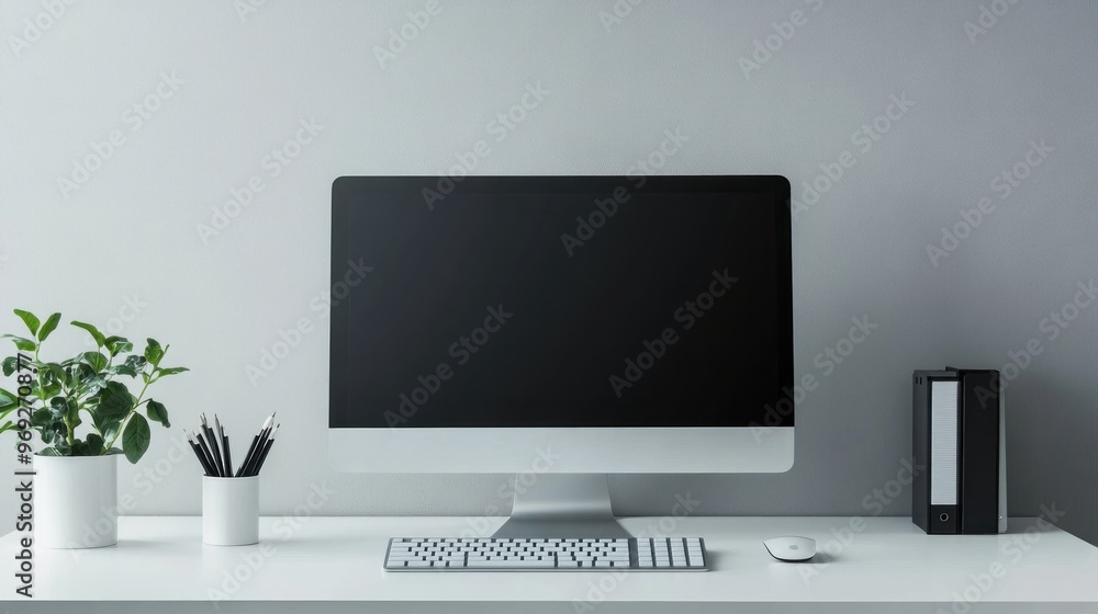 A minimalist workspace featuring a computer, keyboard, plant, and stationery. A minimalist workspace featuring a computer, keyboard, plant, and stationery.