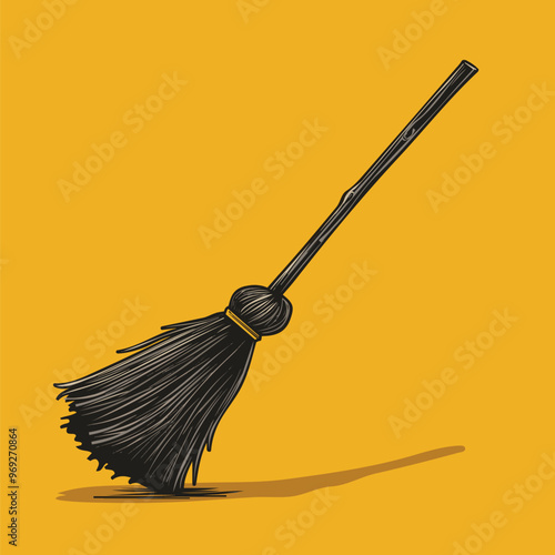 Classic black witch's broom, an iconic symbol of magic and traditional witchcraft